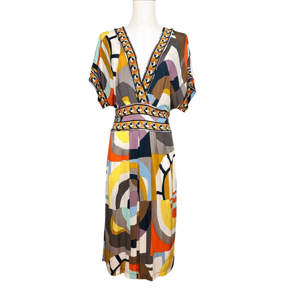 BCBG Max Azria NWT Geometric Plunging V Neck Dress Stretch Pockets Large - Picture 1 of 11